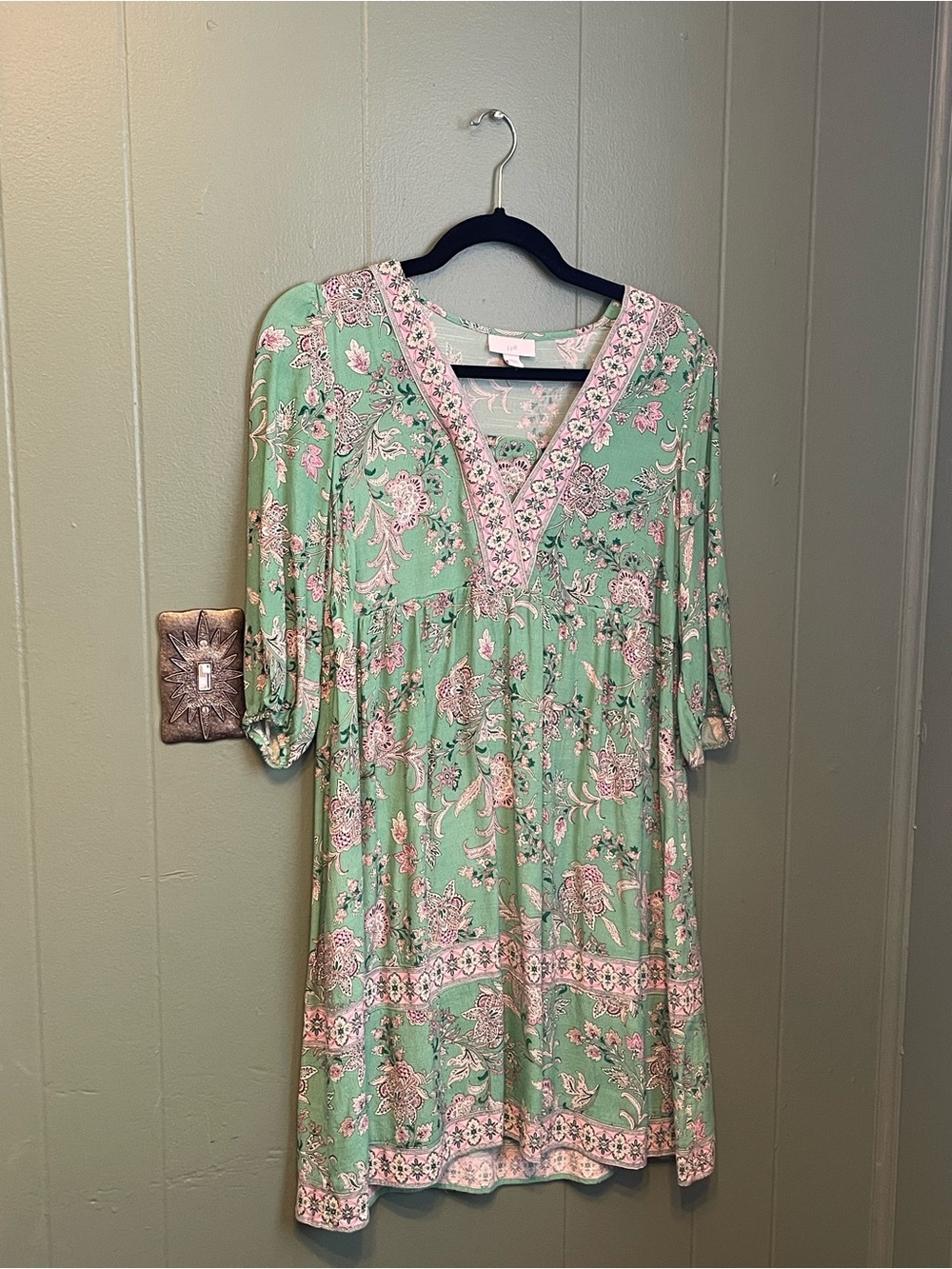 J. Jill Mint Green Floral V-Neck Empire Waist Dress
